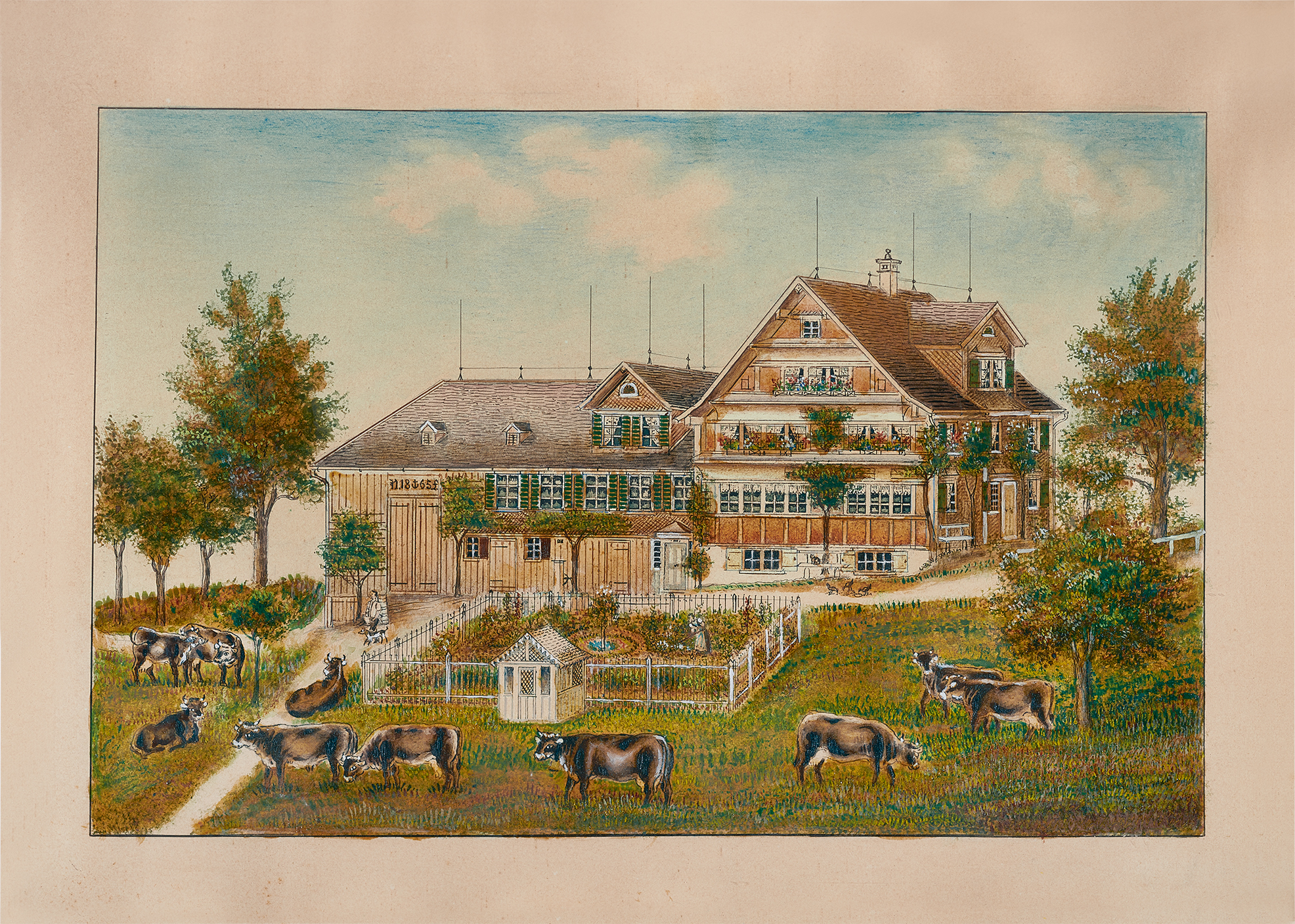 Anna B. Aemisegger-Giezendanner, Weidende Kühe vor Toggenburgerhaus