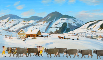 Winterlandschaft mit Alpaufzug
