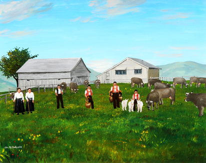 Bauernfamilie mit Kühen und Ziegen vor Gehöft (Farmer's Family with Cows and Goats  in Front of Farm)