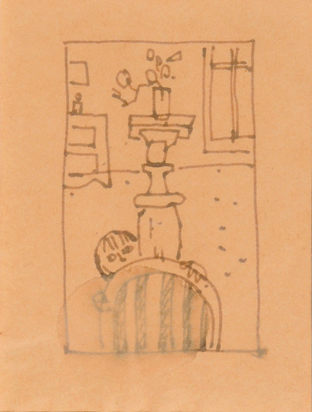 3 drawings: Siphonflasche; Atelier; Intérieur mit Kind