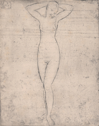 Stehendes Weib mit über dem Kopf verschränkten Armen (Standing Female Nude with Folding  Arms  on Head)