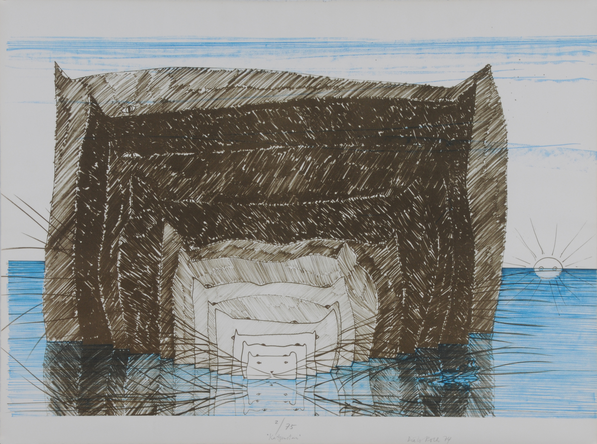 Dieter Roth, 3 sheets: Selbstbildnis als Topfblume, 1971; Ei, fliegende Fahnen!, 1975; Katzenstein, 1974