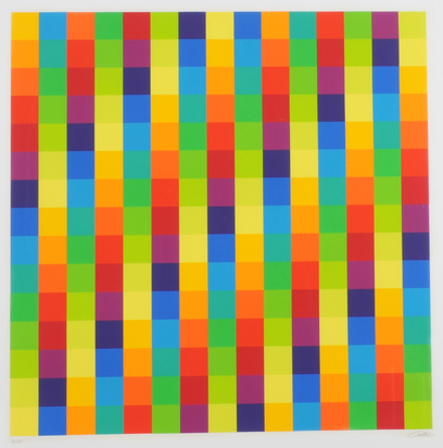 3 sheets: 2 + 2 gleiche verschränkte Farbrhythmen an 4 weissen Feldern (red), 1970; Fünfzehn vertikale systematische Farbreihen mit richtungsgleicher Diagonalführung, 1975; Serielle Ordnung in vier vertikalen Reihen, 1982