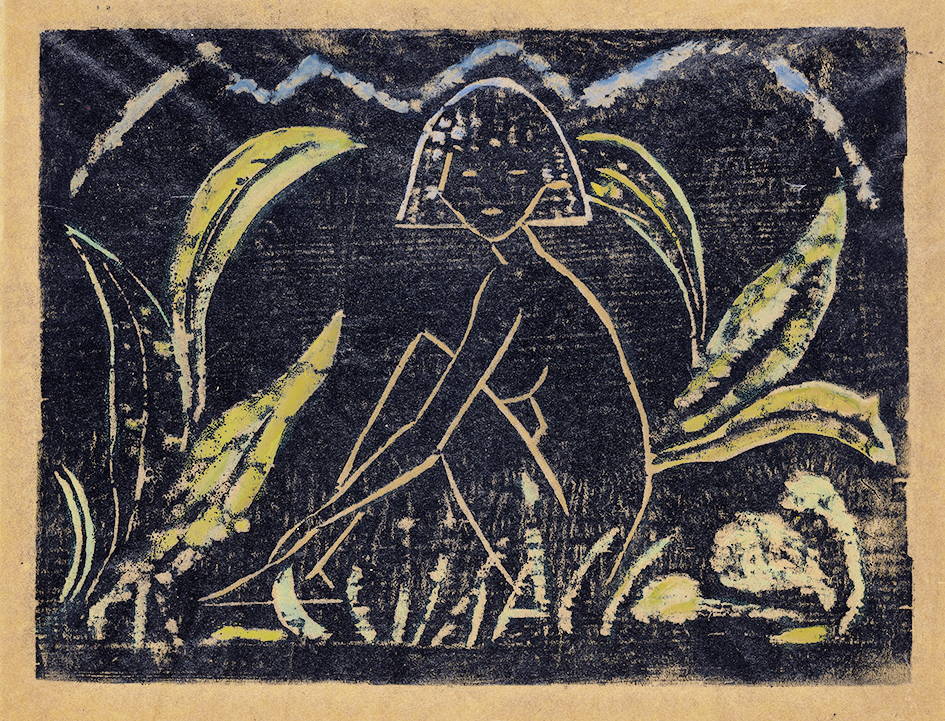 Otto Mueller, Mädchen zwischen Blattpflanzen (Mädchen im Schilf)