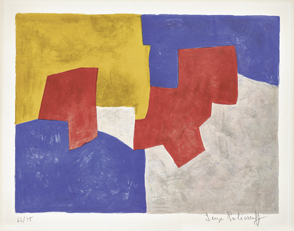 Composition bleue, grise, rouge et jaune