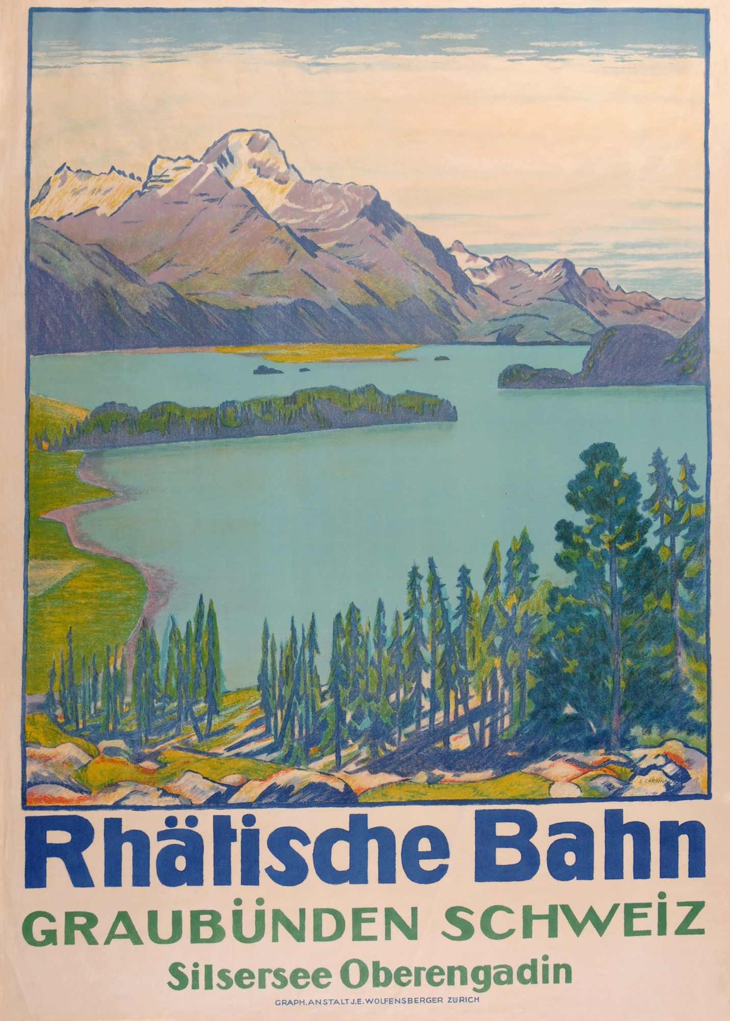 Emil Cardinaux, Plakat. Rhätische Bahn - Graubünden Schweiz - Silsersee Oberengadin