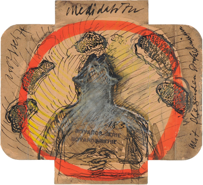 2 works from "Boyards-Serie": Untitled; Medidation mit fliegenden Strassschwüm