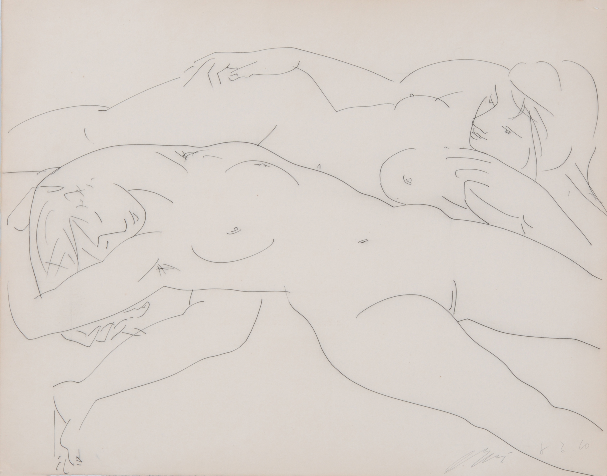 Hans Erni, Two Drawings: Deux nues  allongées; Trois femmes à la plage