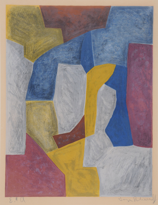 Composition carmin, jaune, grise et bleue