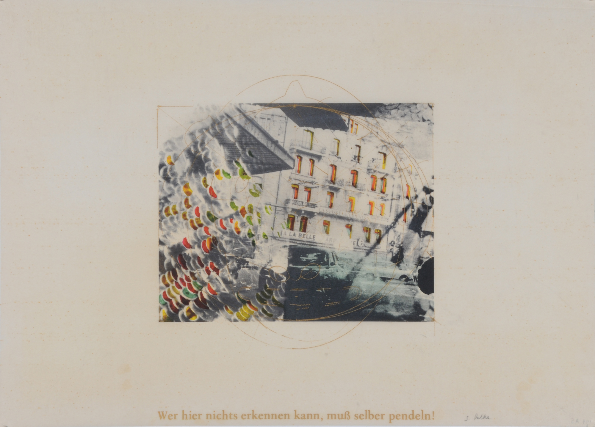 Sigmar Polke, 3 Blätter: In der Oper (Entscheidung der Frage, ob den Schwämmen Bewußtsein zukommt); Figur mit Hand (Es schwindelt...); Wer hier nichts erkennen kann, muss selber pendeln!