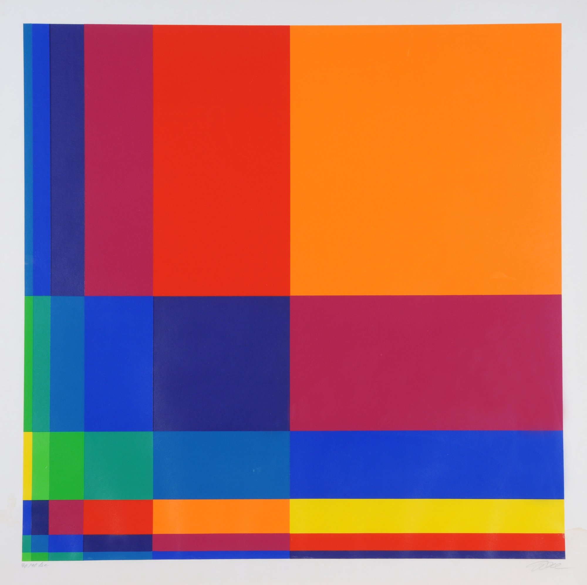 Richard Paul Lohse, 3 sheets: Sechs vertikale Farbreihen von grün zu gelb, 1970; Fünfzehn systematische Farbreihen, 1968; Sechs vertikale systematische Farbreihen mit orangem Quadrat rechts oben, 1968