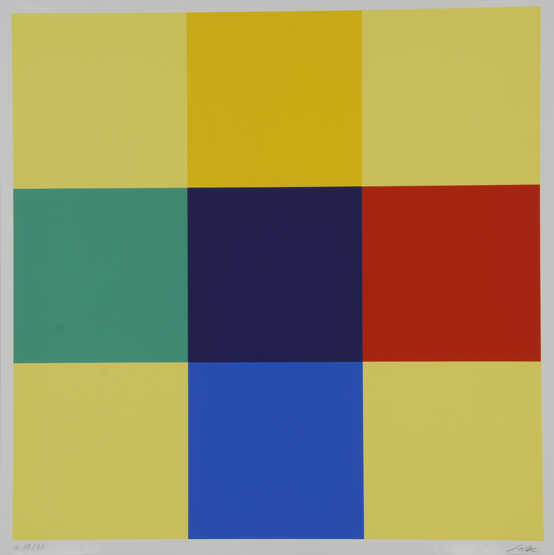 Richard Paul Lohse, 2 Blätter: Kreuz aus Gleichung und Kontrast, 1975; Horizontal- und Vertikalpositionen aus Extrem- und Nachbarfarben