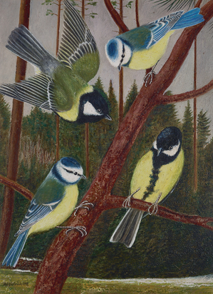 Vier Meisen vor Wald