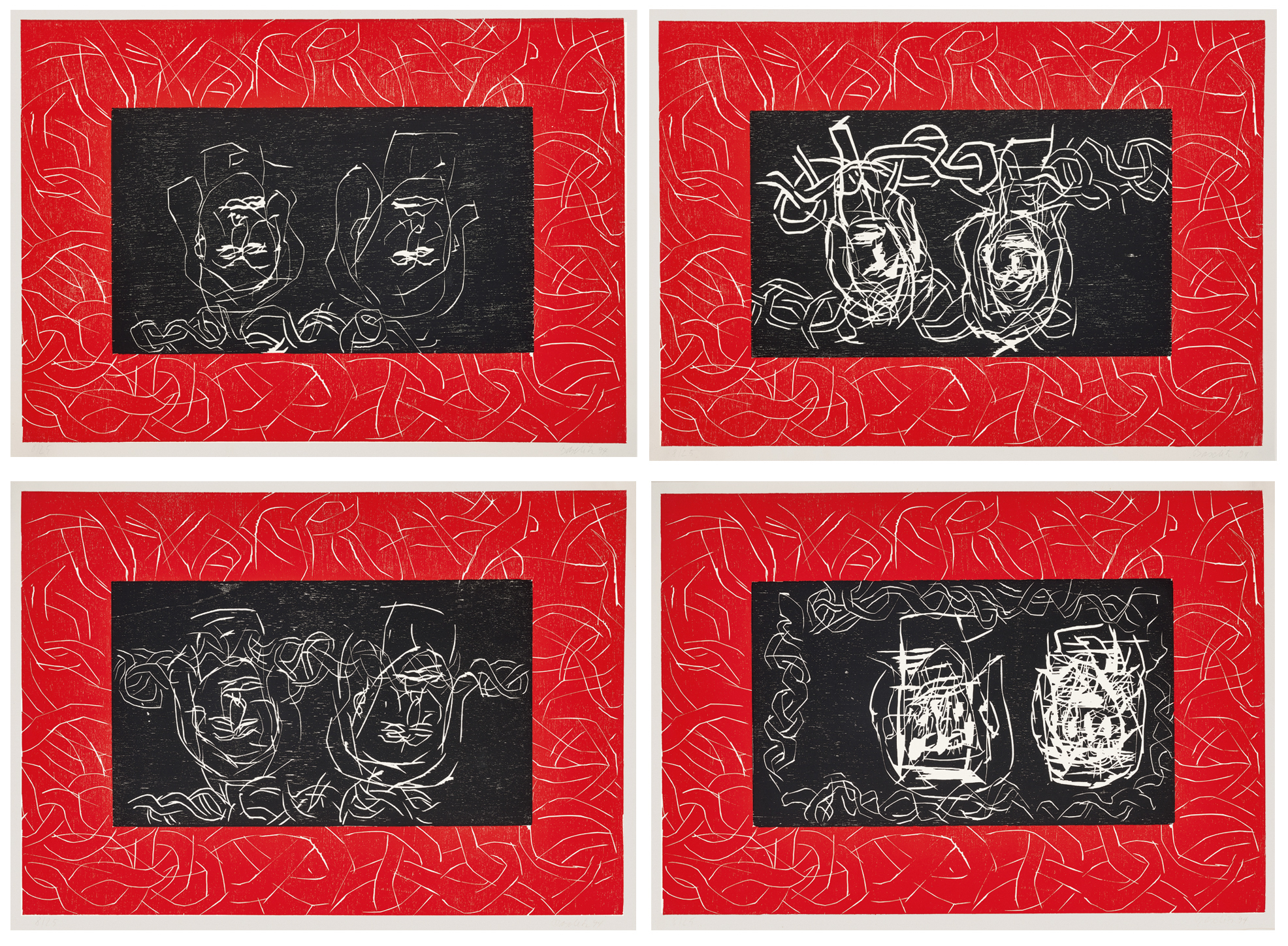 Georg Baselitz, 4 Blätter aus "Rote Schwestern": Aman, Smyrna, Haifa, Kabyl