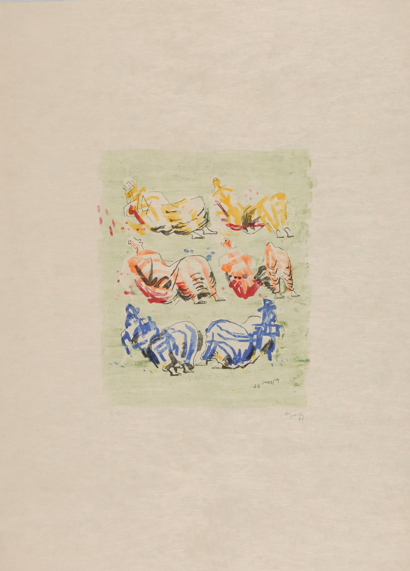 Henry Moore, Six Reclining Figures on Green Ground