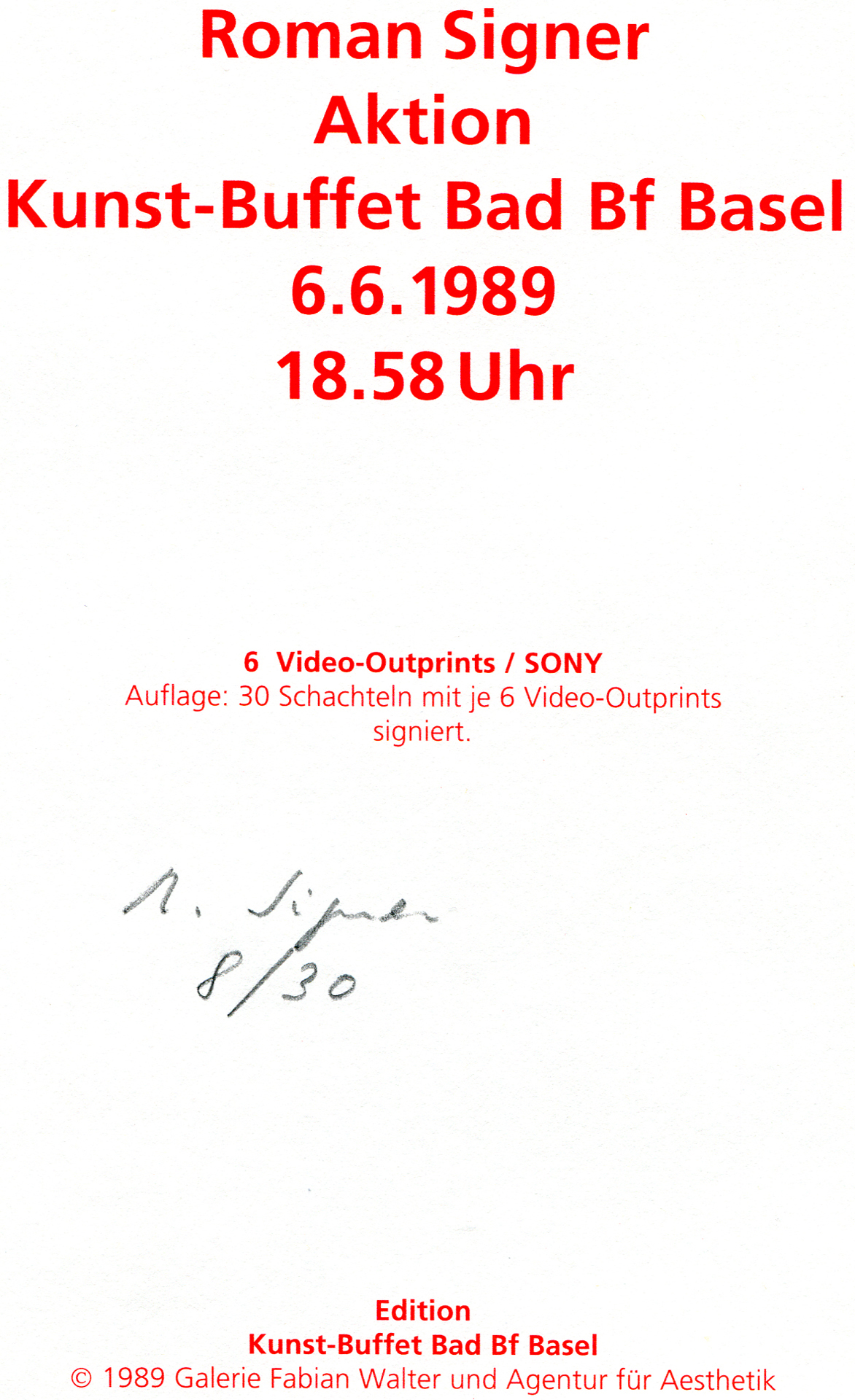Roman Signer, Aktion Kunst-Buffet Bad Bf Basel 6.6.1989 18.58 Uhr