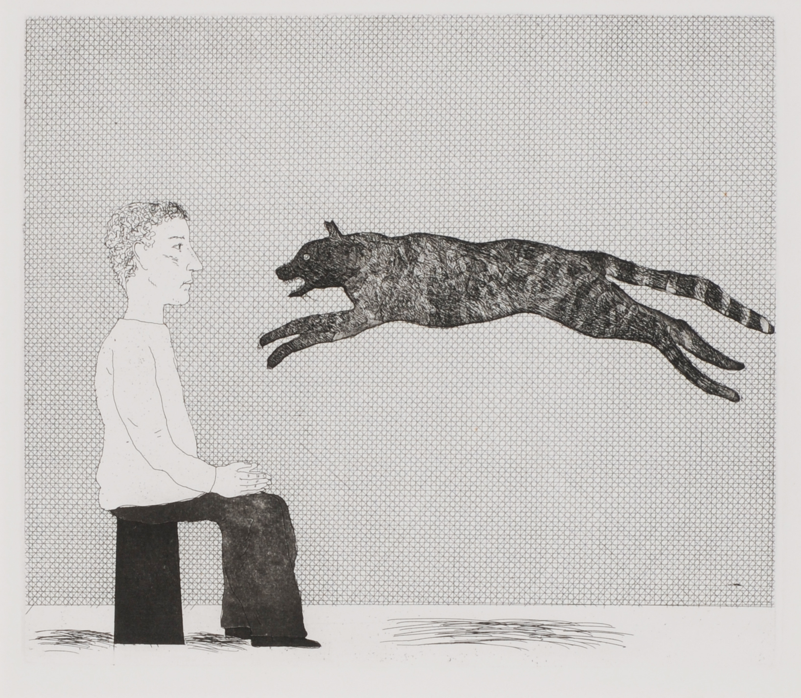 David Hockney, 2 Blätter aus dem Portfolio "Illustrations for Six Fairytales from the Brothers Grimm": A Black Cat Leaping; Old Rinkrank Threatens the Princess