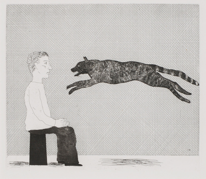 2 Sheets from the Portfolio "Illustrations for Six Fairytales from the Brothers Grimm": A Black Cat Leaping; Old Rinkrank Threatens the Princess