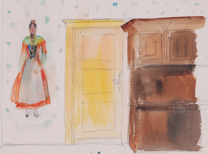 2 Sheets: Frau neben Bünderstube;  Skizze für Wandgemälde (Study for mural painting)