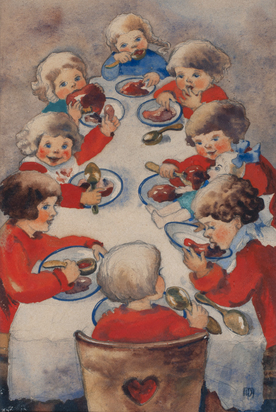 Acht Kinder zu Tisch