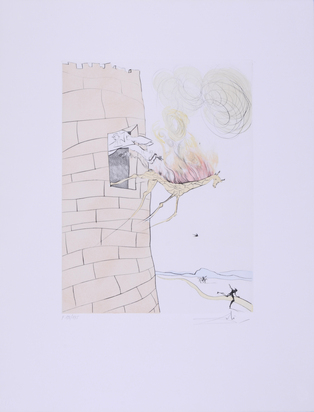 4 Blätter aus "Après 50 ans de Surréalisme", 1974: Dieu, Le Temps, l'espace et  le pape; Le grand inquisiteur chasse le sauveur; Une entrée fracassante aux U.S.A.; Le musée du génie et du caprice