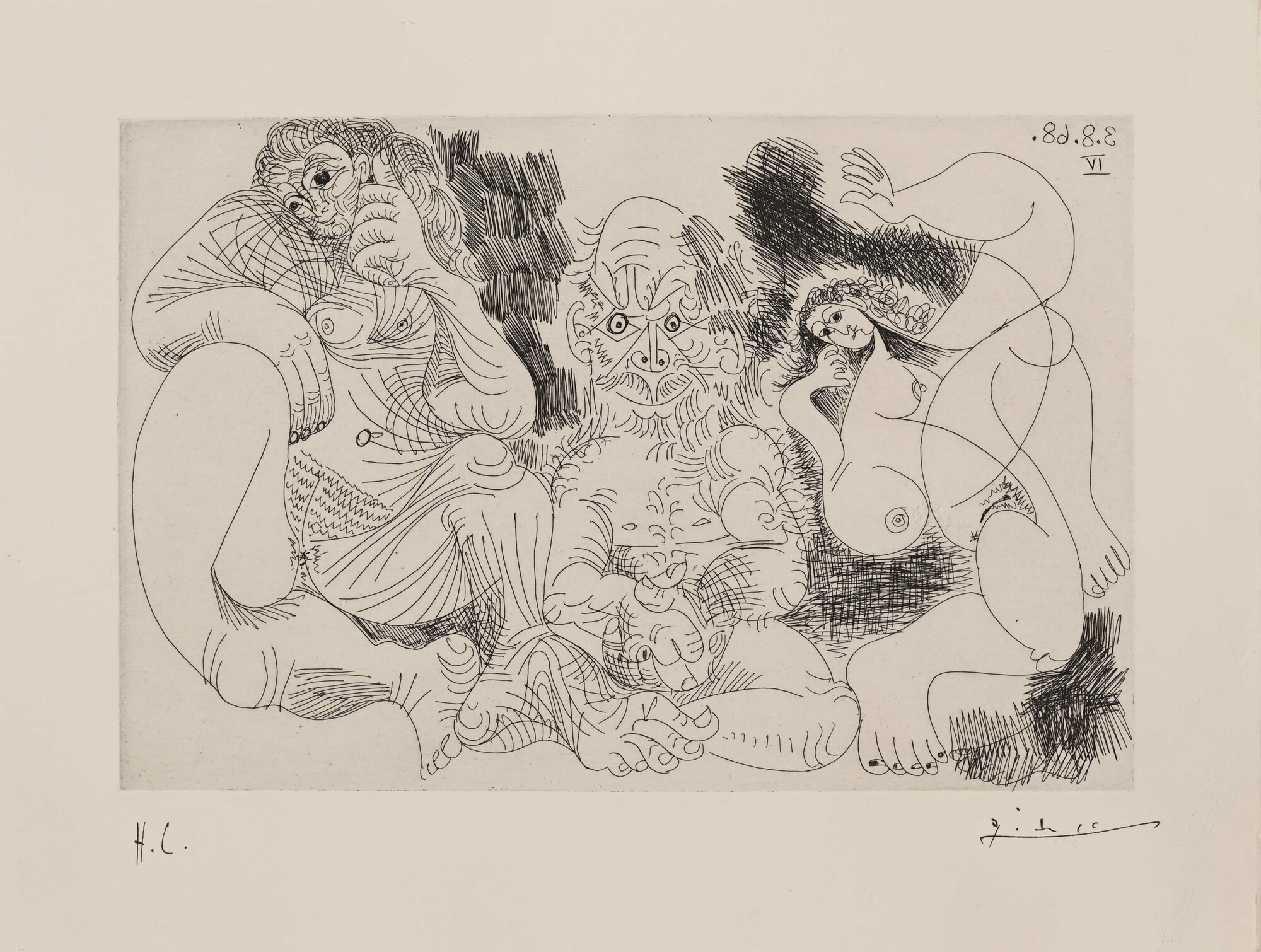Pablo Picasso, Vieillard assis avec une femme, et danseuse