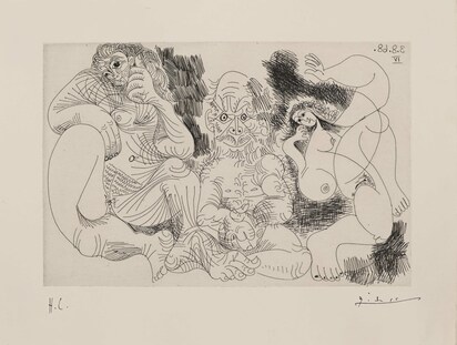 Vieillard assis avec une femme, et danseuse