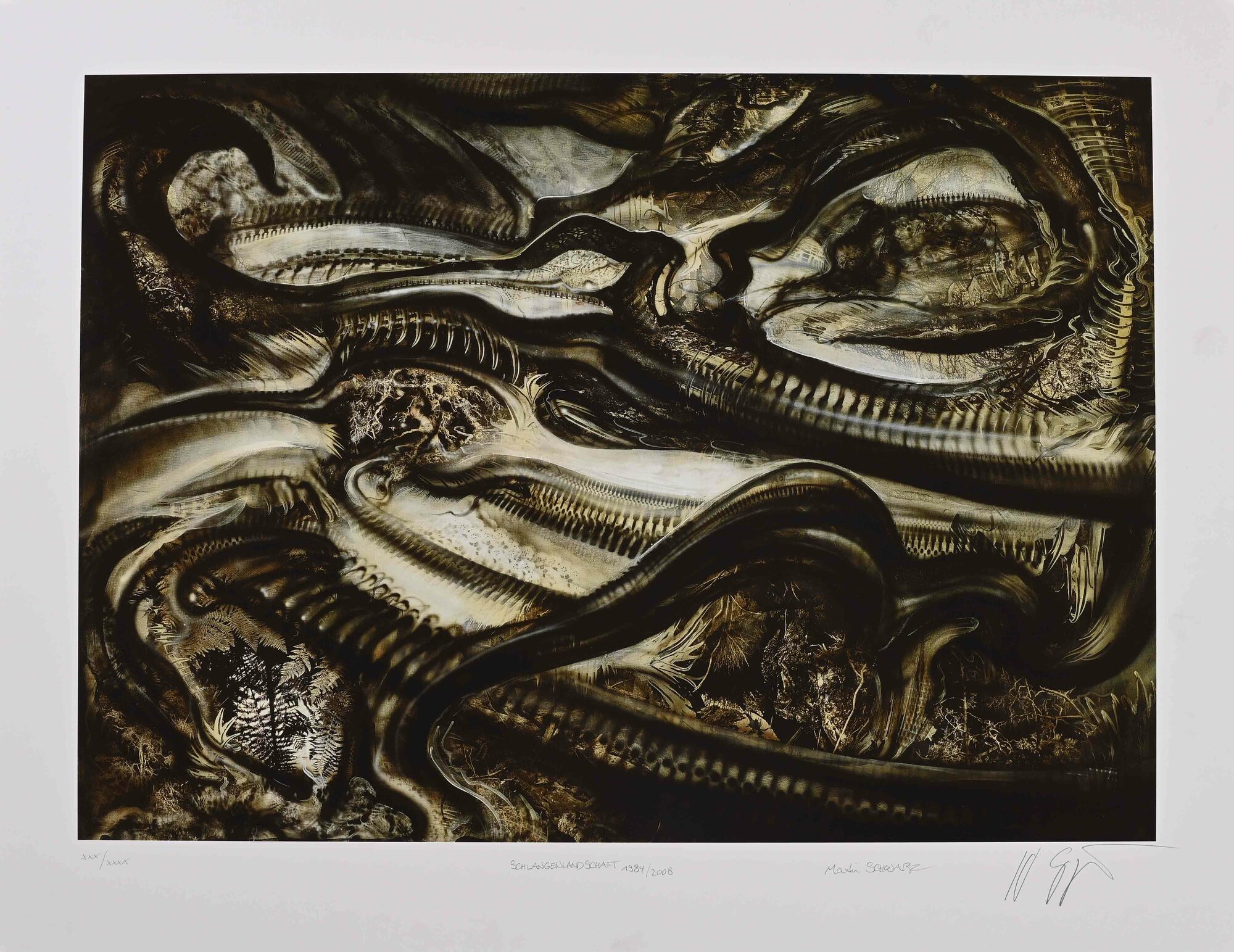 HR Giger / Martin Schwarz, 2 sheets: Schlangenlandschaft, 1984/2008; Vögel, 1984-2009.