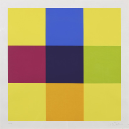 3 sheets: Drei komplementäre Kontraste, 1975; Bewegung um ein Zentrum mit vier Quadraten, 1970;
Bewegung von acht Farben um eine Achse, 1971