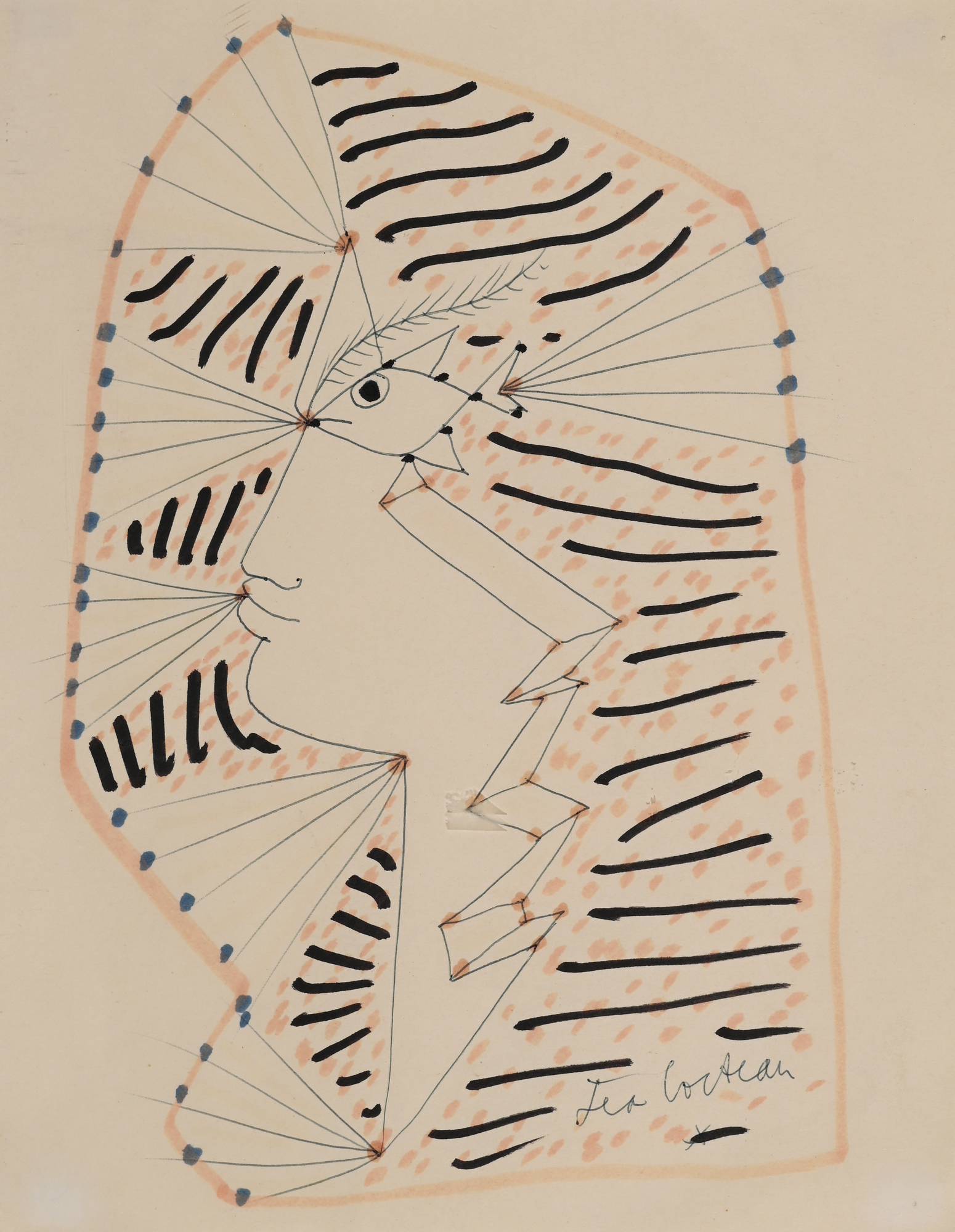 Jean Cocteau, Gesicht im Profil mit Fischauge