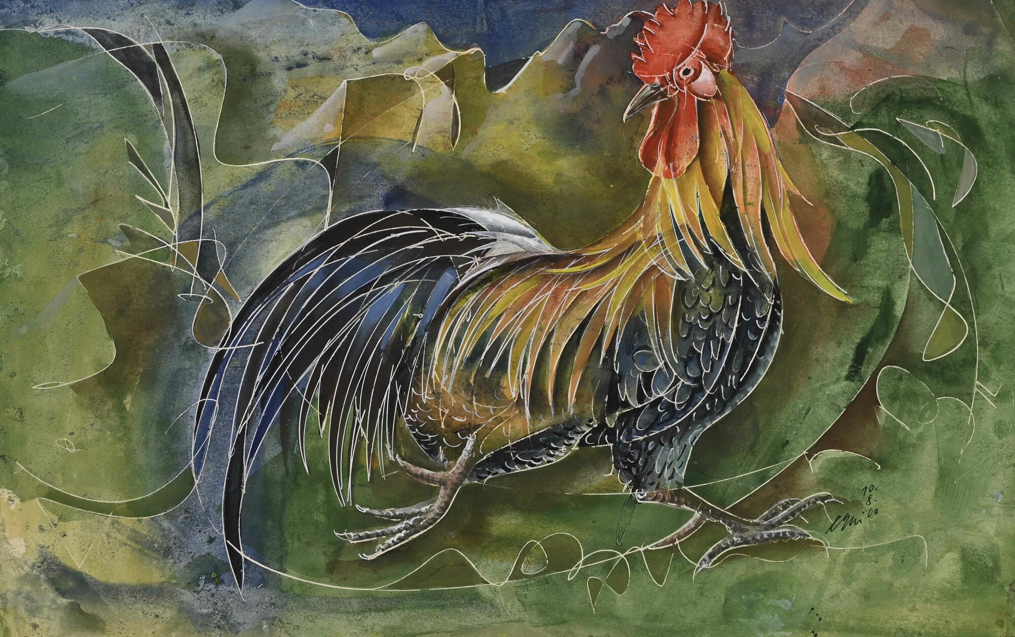 Hans Erni, Hahn vor Landschaft