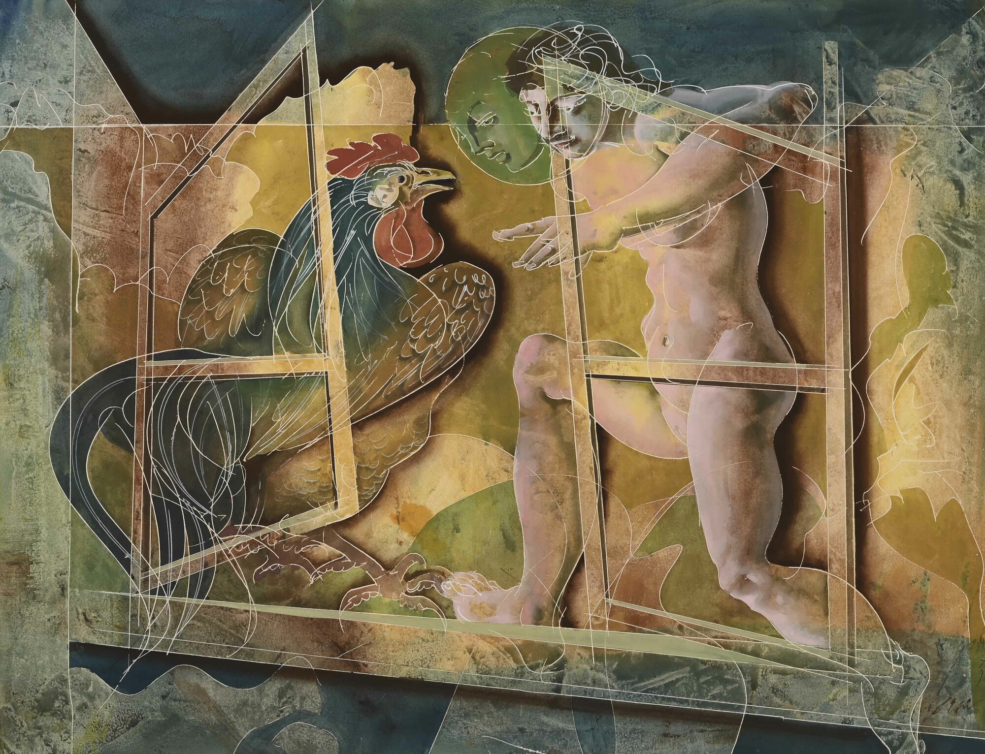 Hans Erni, Frau und Hahn hinter Fensterrahmen