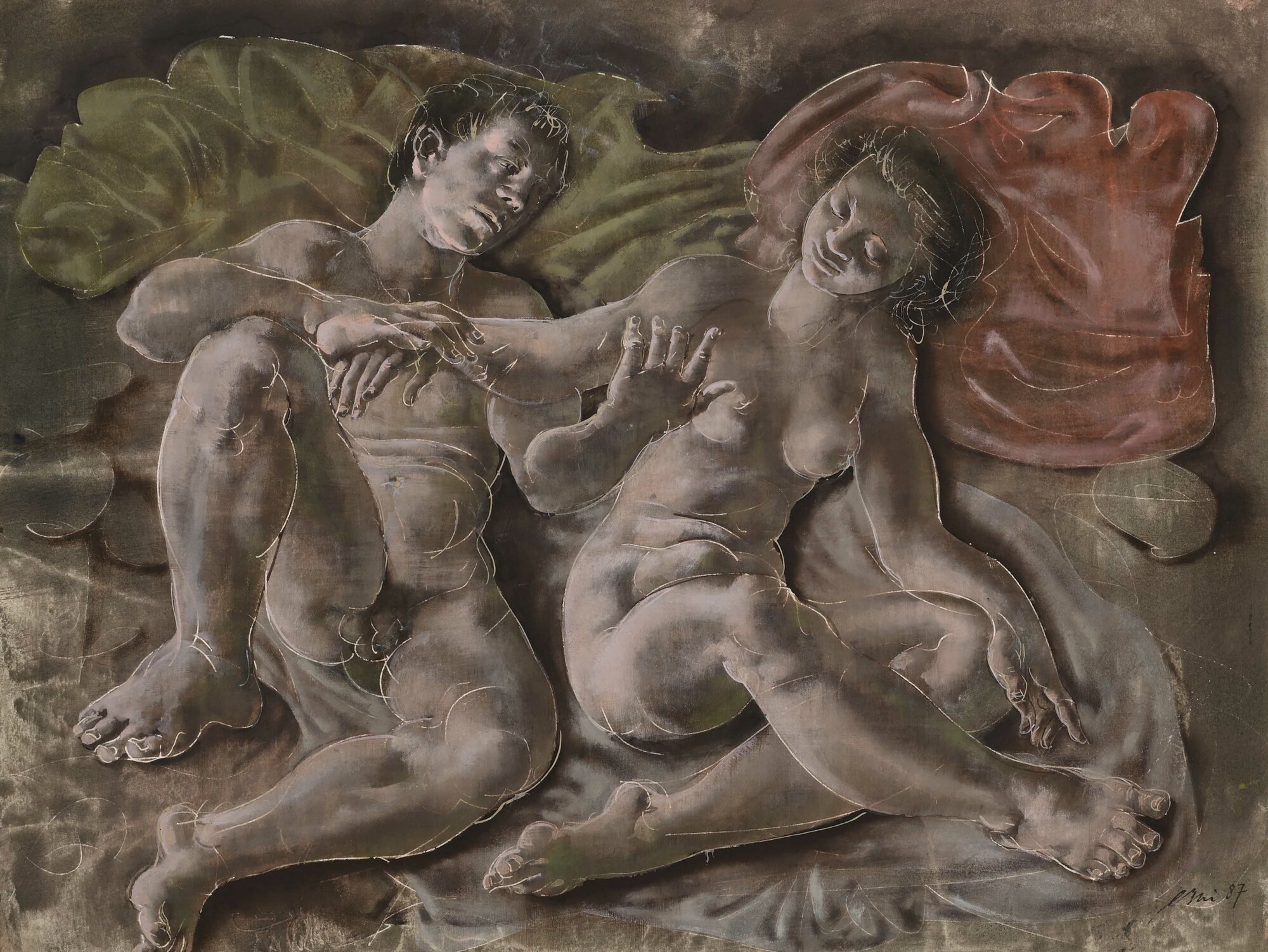 Hans Erni, Junges Paar auf einer Decke liegend (Young Couple on Blanket)