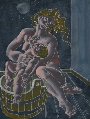 Mutter badet Kleinkind