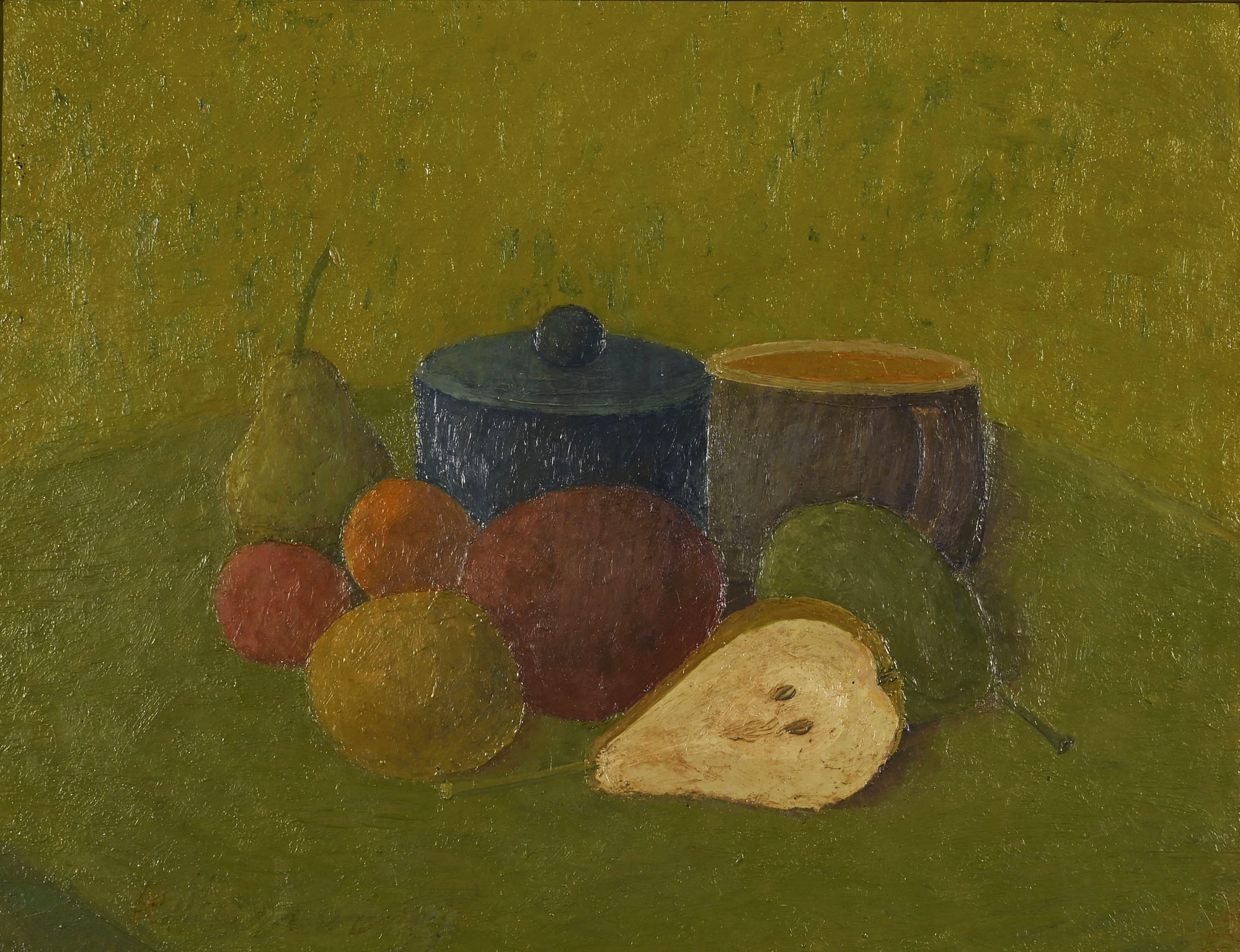 Rudolf Hurni, 2 Gemälde: Stillleben mit dunklen Birnen, 1965; Stillleben mit Früchten, 1971