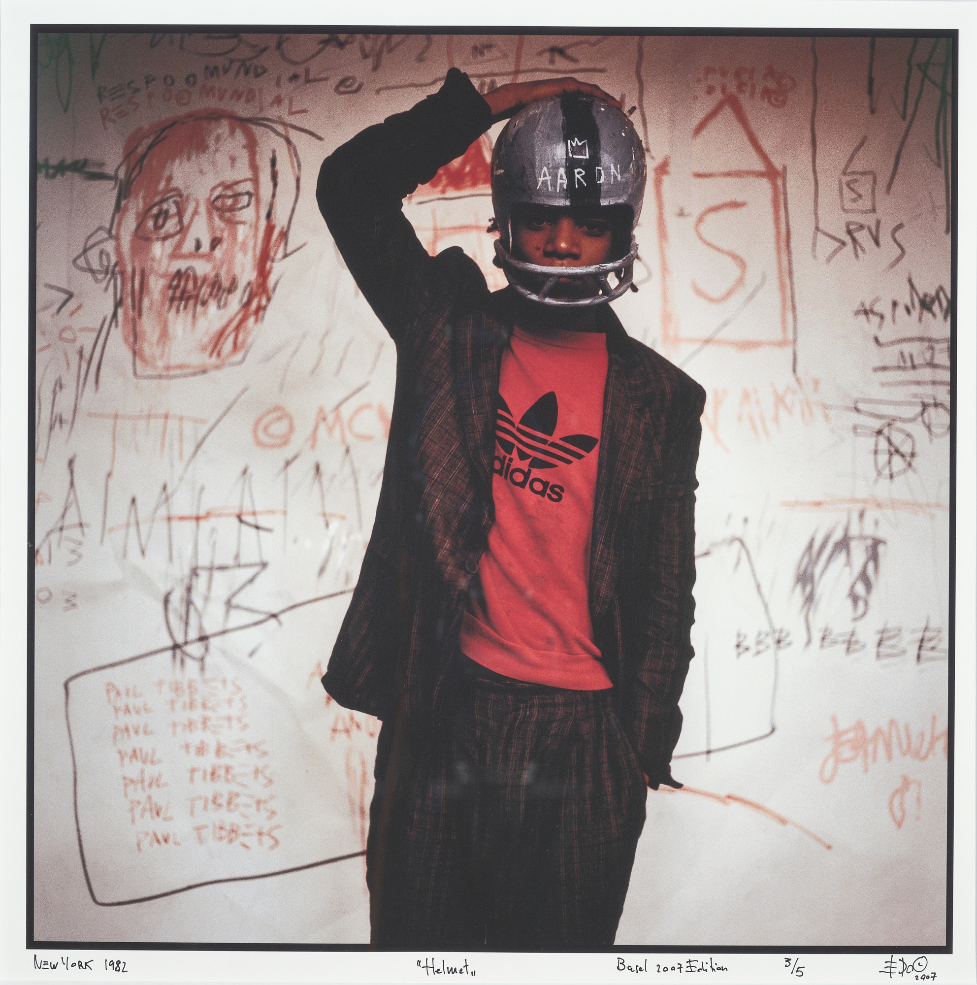 Edo Bertoglio, 3 photographs: Helmet (Jean-Michel Basquiat); Basquiat at 5AM; Adidas (Jean-Michel Basquiat)