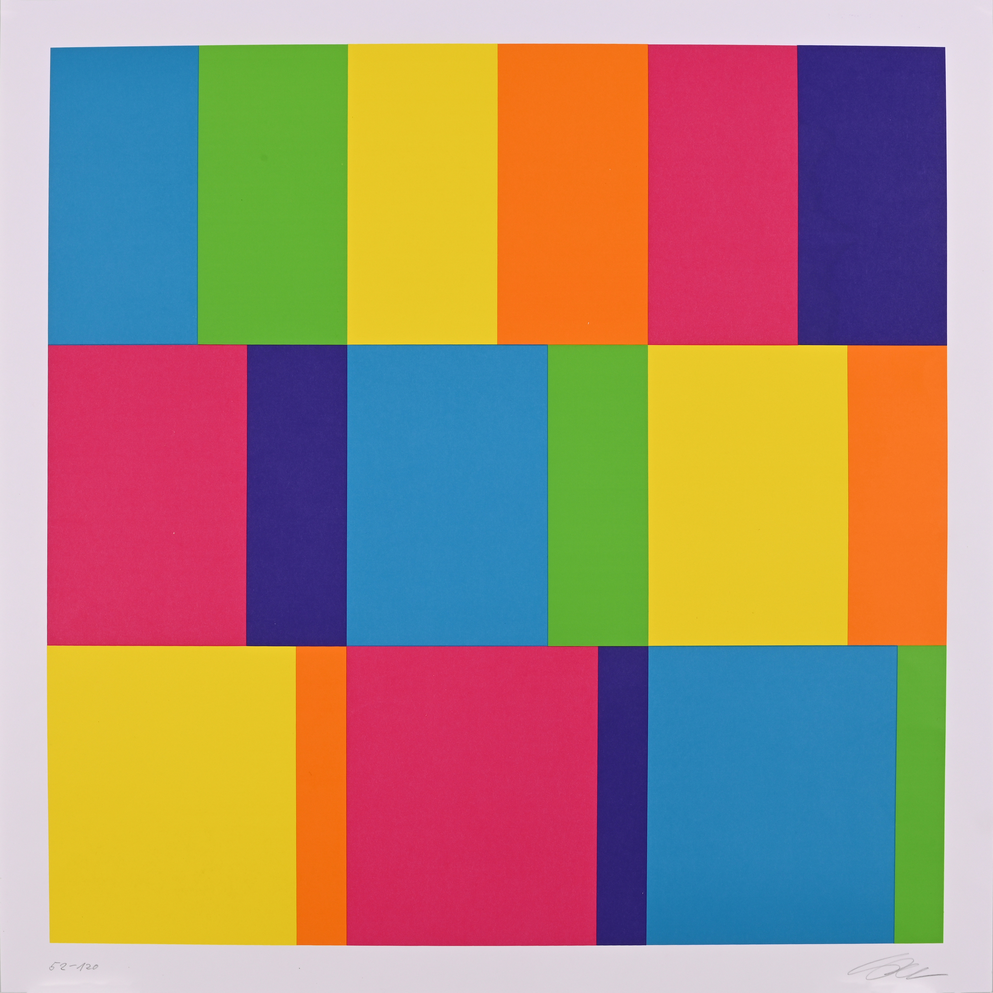 Richard Paul Lohse, 2 Blätter: Bewegung um ein Zentrum mit vier Quadraten, 1970; Verschränkte farbkomplementäre Gruppen, 1982