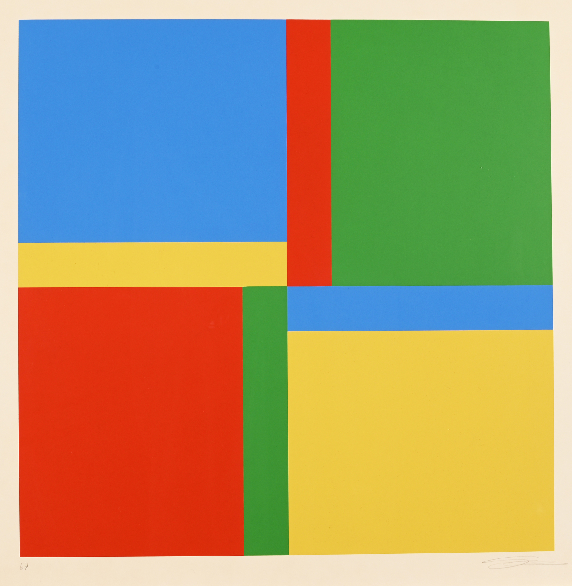 Richard Paul Lohse, 2 Blätter: 4 Bewegungen um eine Achse: Diagonal rot gegen grün und blau gegen gelb, 1971; Sechs systematische Farbreihen mit horizontaler und vertikaler Verdichtung, 1971