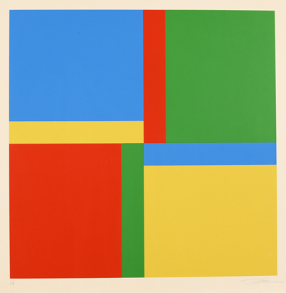 2 Blätter: 4 Bewegungen um eine Achse: Diagonal rot gegen grün und blau gegen gelb, 1971; Sechs systematische Farbreihen mit horizontaler und vertikaler Verdichtung, 1971