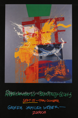 3 Plakate: Rauschenberg Paintings, 25. November 1989 bis Ende Januar 1990; Rauschenberg Paintings + Gluts, 15. September bis 29. Oktober 1988, Galerie Jamileh Weber, Zürich; Rauschenberg at Galerie Jamileh Weber
