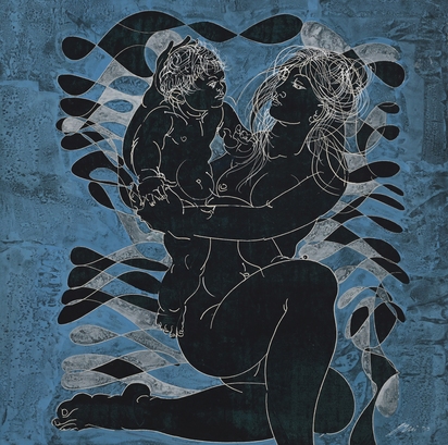 Mother and child in waves