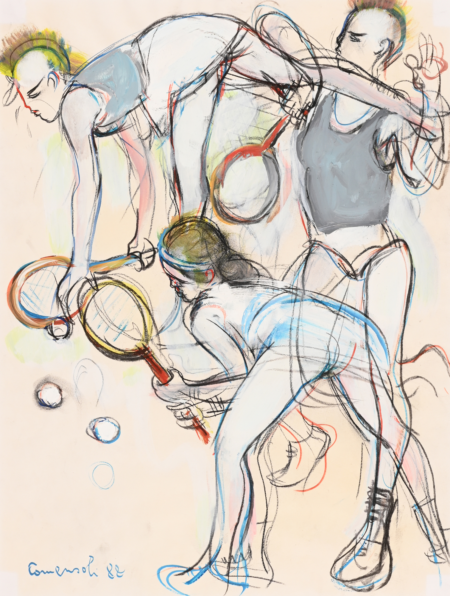 Mario Comensoli, 2 drawings: Tennis-playing punks