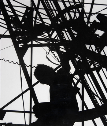 Jean Tinguely arbeitet an "Chaos No. 1", Columbus Indiana, 1974