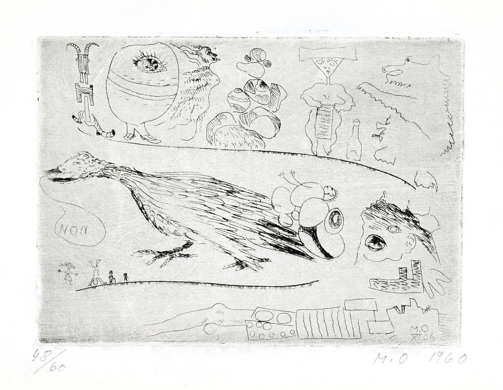 Meret Oppenheim, 2 sheets: Die Ente, die "Non" sagt, 1960; Abdruck meiner linken Hand, 1984
