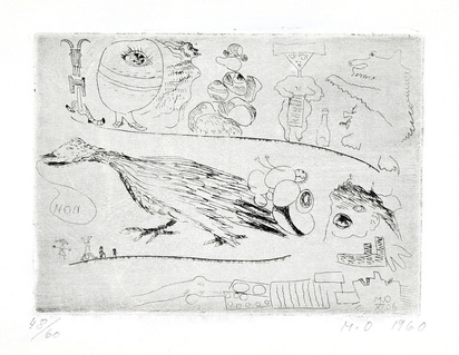 2 Blätter: Die Ente, die "Non" sagt, 1960; Abdruck meiner linken Hand, 1984