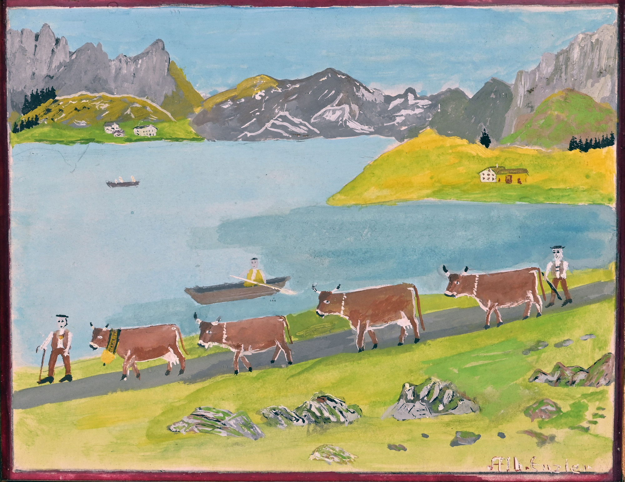 Albert Enzler, Alpine herdsmen in front of lake and mountains