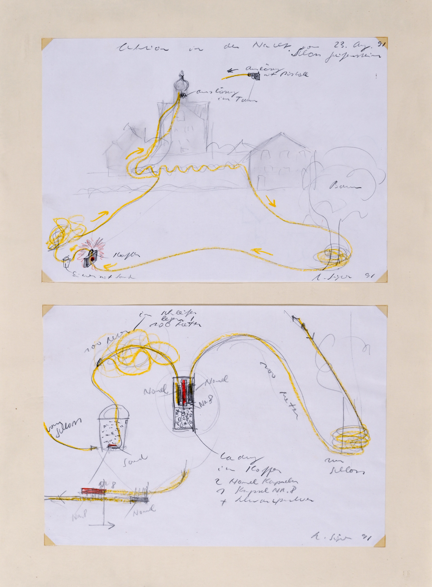 Roman Signer, 2 Entwurfszeichnungen: Kofferexplosion