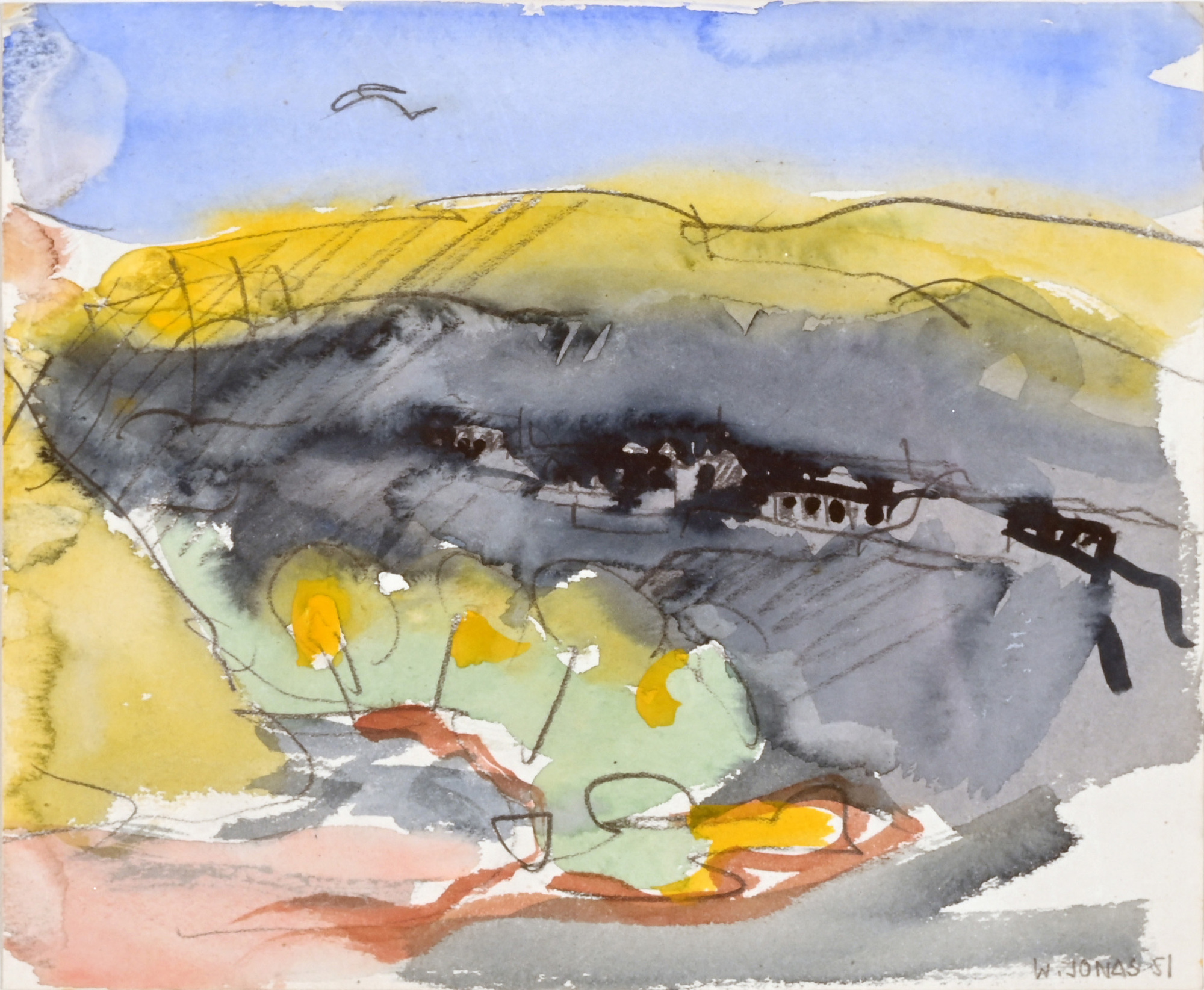 Walter Jonas, 2 works: Landscape, 1951;  Zurich main station