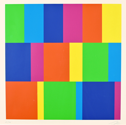2 sheets: 3 horizontale Teilungen, 1982; Sechs vertikale systematische Farbreihen mit orangenem Quadrat rechts oben, 1968