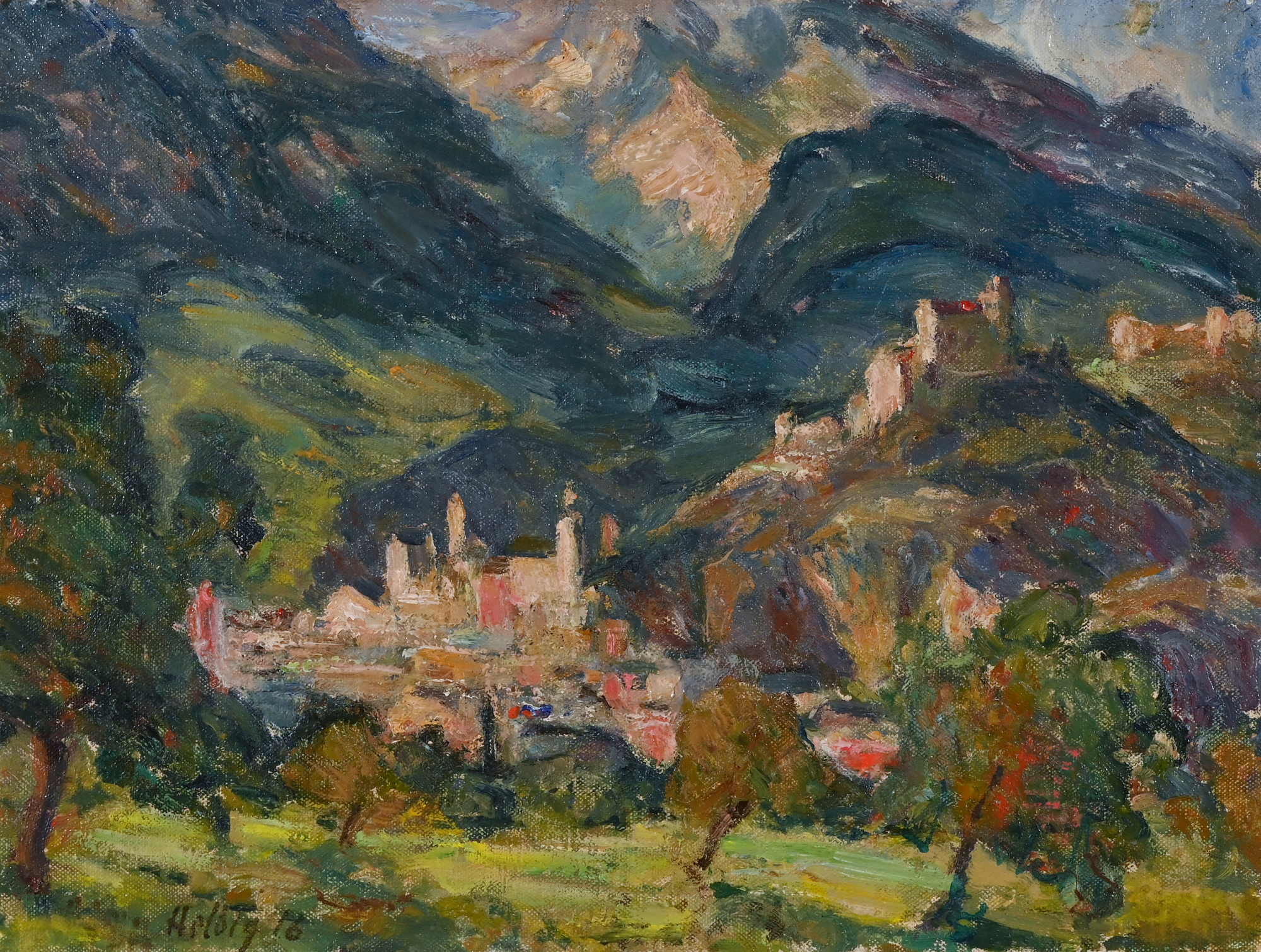 Walter Helbig, Gebirgslandschaft mit Dorf